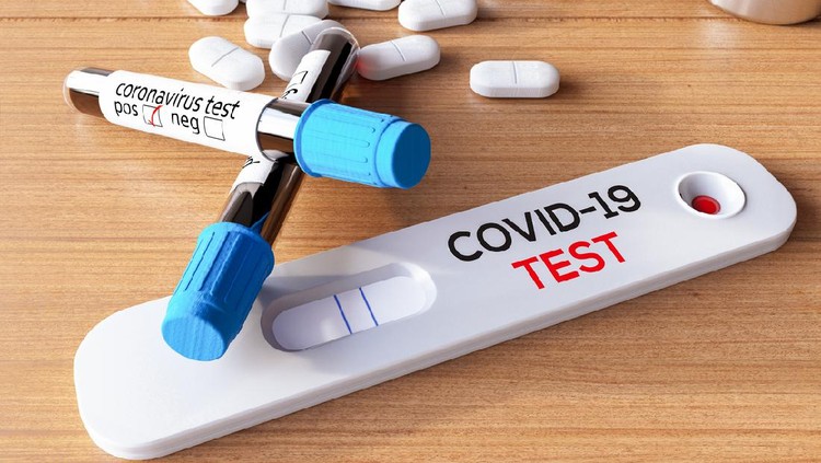 COVID-19 Rapid Test Kit with Samples and Pills.3d Render