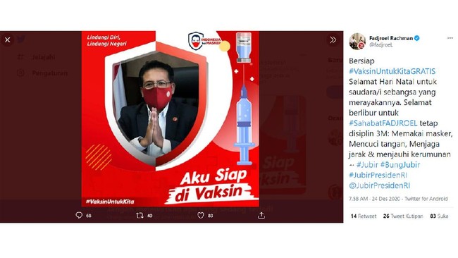 Febri Diansyah menyinggung kicauan Twitter staf khusus Presiden Joko Widodo, Fadjroel Rachman soal vaksinasi virus corona (Covid-19).