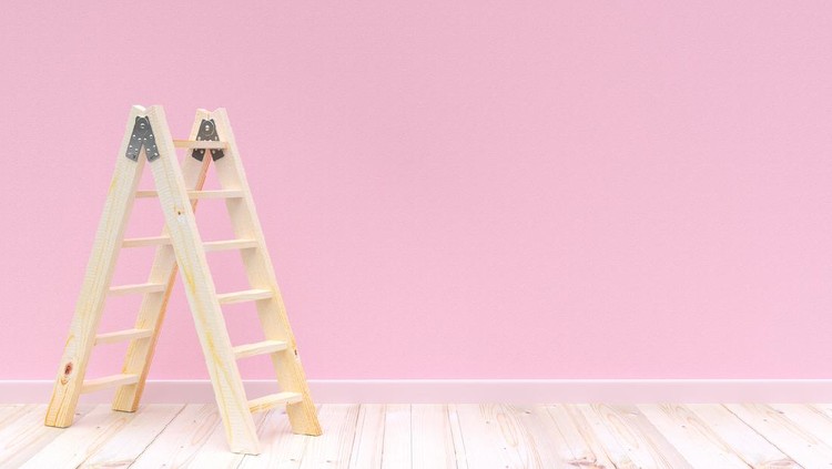 Ilustrasi tangga Ladder wooden on concrete wall pink color and wooden floor for background. 3d render.
