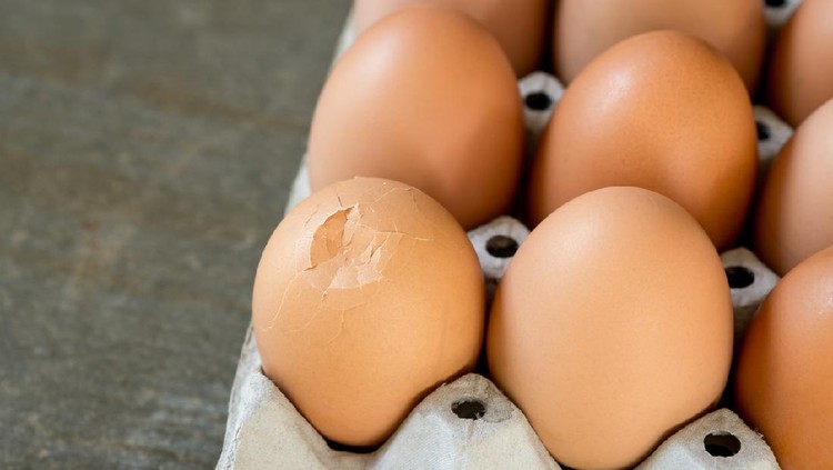 Cracked egg in paper tray,Selective fous.