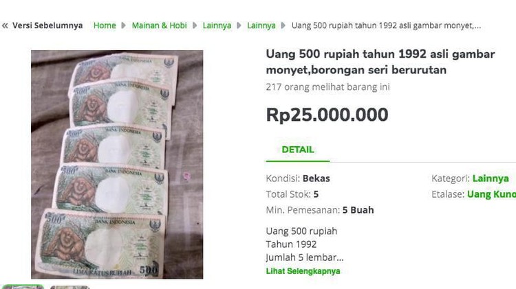 Harga uang rupiah gopek alias Rp 500 di toko online dijual hingga Rp 25 juta