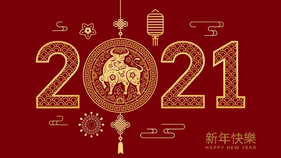 CNY 2021 Golden Metal Ox greeting cards with lunar festival mascots on red background. Vector CNY Happy Chinese New Year text translation, lanterns and clouds, flower arrangements, hanging decorations
