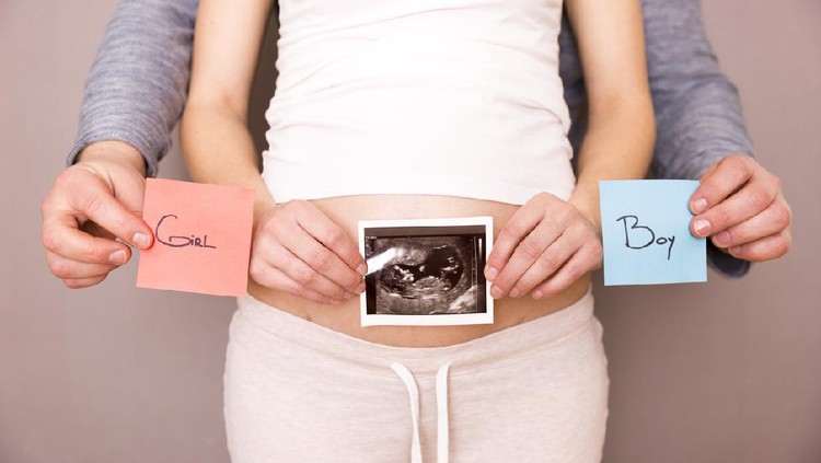 Ibu hamil Pregnant woman with her husband holding ultrasound scan and blue and red post its with words boy or girl