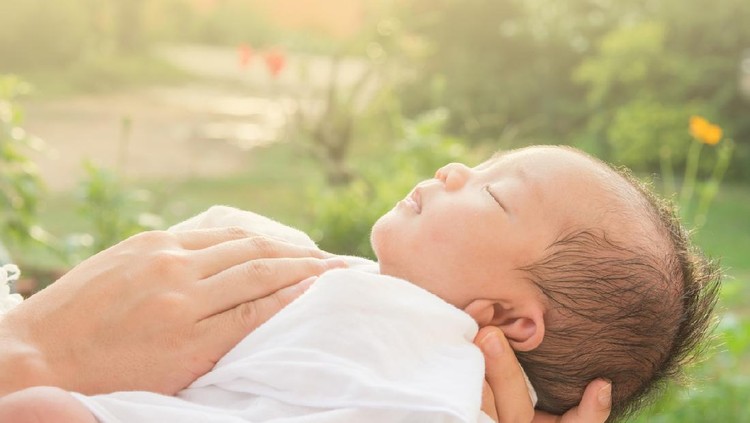 Baby sleeps on mother's hands and morning sun