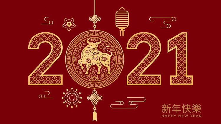 shio 2021 CNY 2021 Golden Metal Ox greeting cards with lunar festival mascots on red background. Vector CNY Happy Chinese New Year text translation, lanterns and clouds, flower arrangements, hanging decorations