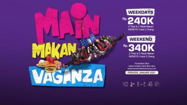 Trans Studio Bandung menawarkan promo paket MaMaVaganza yang mencakup tiket masuk dan paket makan siang dari Wendys untuk dua orang mulai Rp240 ribu.