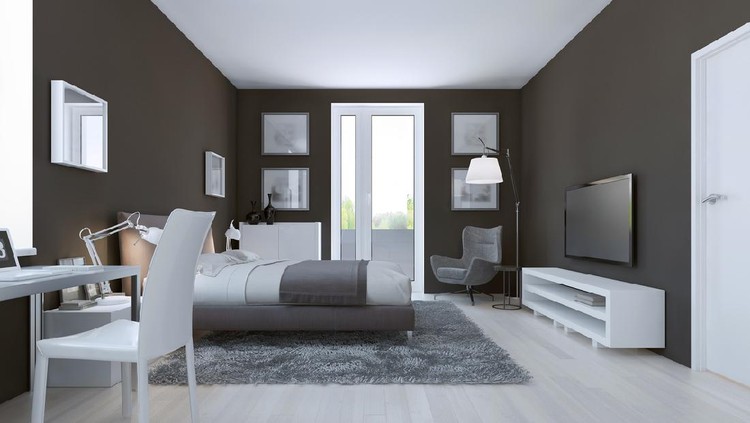 Warna Cat Rumah Minimalis View of spacious hotel room in taupe. 3D render