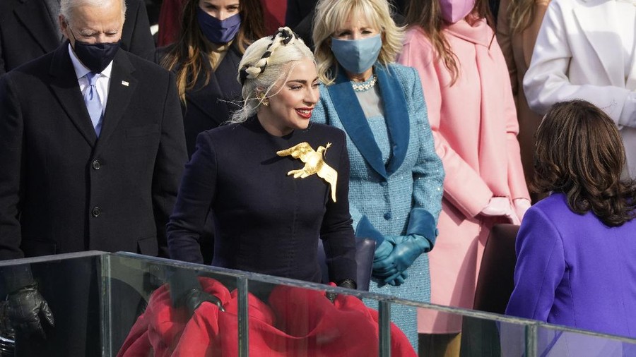 Lady Gaga sings the national anthem during the 59th Presidential Inauguration at the U.S. Capitol for President-elect Joe Biden in Washington, Wednesday, Jan. 20, 2021. (Greg Nash/Pool Photo via AP)