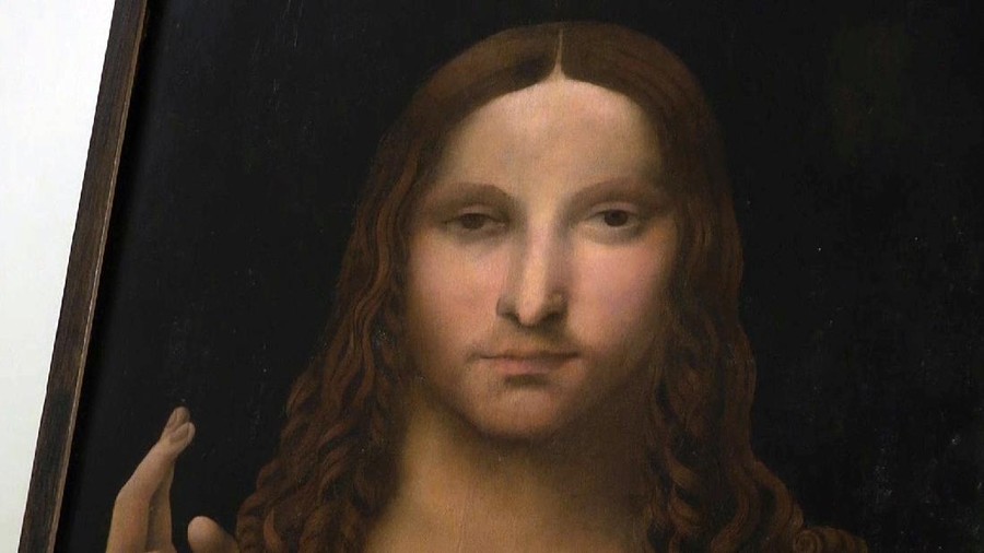 Italy Stolen Painting A view of a copy of the “Salvator Mundi” (Savior of the World), by Leonardo da Vinci, that was recovered and shown during a press conference at the police headquarters in Naples, Italy, Wednesday, Jan. 20, 2021. Italian police have recovered a copy of Leonardo da Vinci’s 16th century “Salvator Mundi” painting of Jesus Christ that was stolen from a Naples church without the priests even realizing it was gone. The discovery was made over the weekend when Naples police working on a bigger operation found the painting hidden in an apartment. Police chief Alfredo Fabbrocini said the owner offered a “less than credible” explanation that he had “casually” bought it at a small market. (AP Photo/Sicomunicazione)