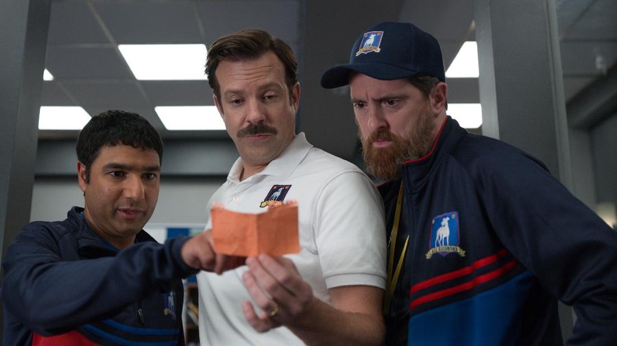 This image released by Apple TV Plus shows Nick Mohammed, from left, Jason Sudeikis, and Brendan Hunt in 