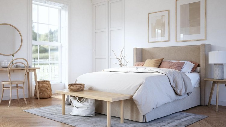 rumah putih Bedroom interior with wooden furniture, 3d render