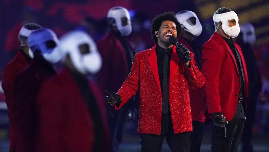 The Weeknd performs during the halftime show of the NFL Super Bowl 55 football game between the Kansas City Chiefs and Tampa Bay Buccaneers, Sunday, Feb. 7, 2021, in Tampa, Fla. (AP Photo/Ashley Landis)