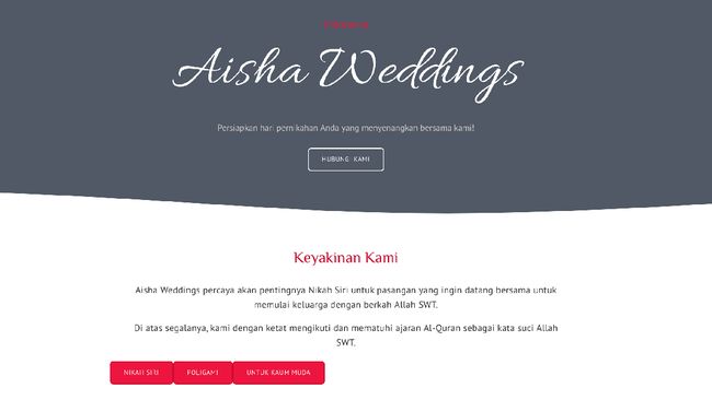 NasDem Minta Kominfo Blokir Situs Aisha Weddings Menurut Ketua DPP Partai NasDem Amelia Anggraini meminta Aisha Weddings melanggar UU Perkawinan.