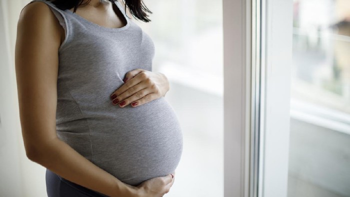 Portrait of young pregnant woman standing by the window