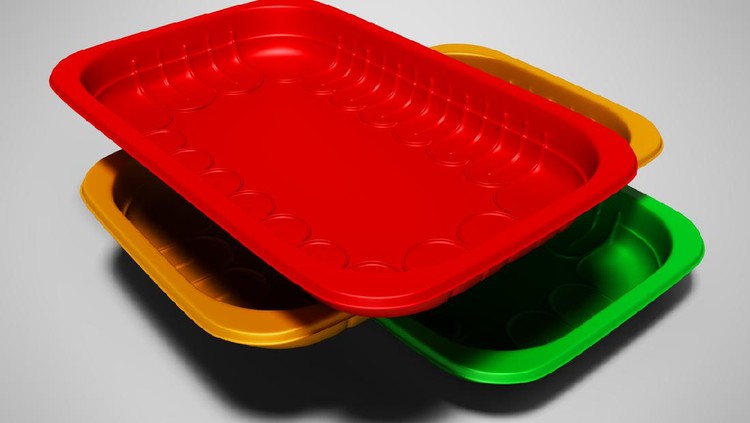 Plastic trays of different colors 3d render on gray background with shadow