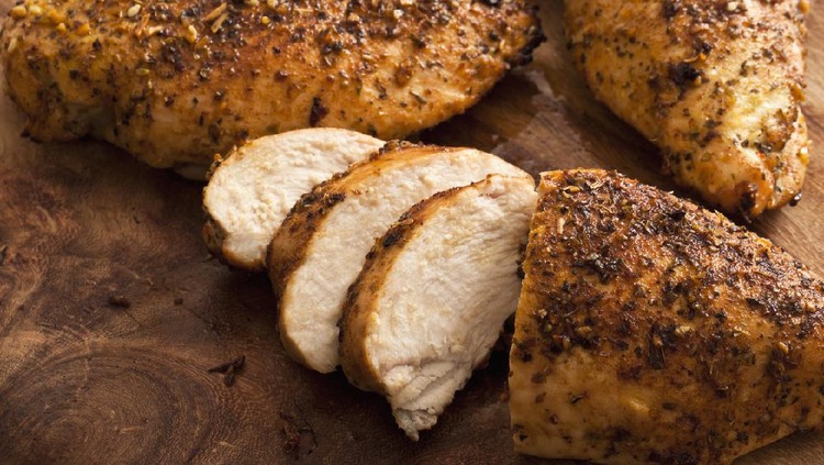 Ilustrasi Dada Ayam Grilled Boneless Chicken breasts, on wood cutting board.