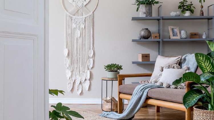 Stylish interior of living room. Beige and japandi concept. Modern home staging. Template.