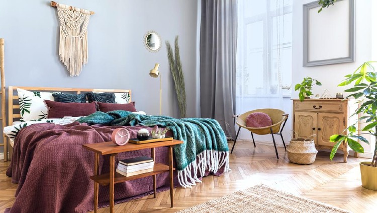 Stylish and luxury interior of bedroom with design furnitures and elegant accessories. Elegant home Decor. Template concepts.