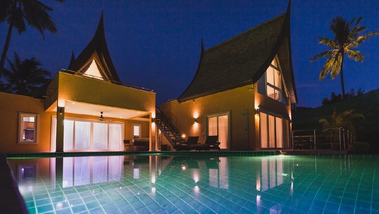 Ilustrasi Rumah Etnik Modern beautiful luxurious villa at twilight, luxury private expensive house with swimming pool, asian style exterior facade