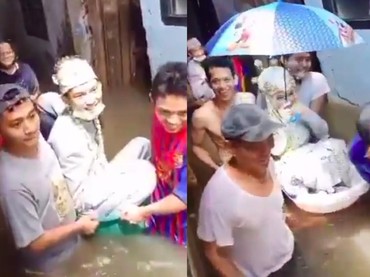 Viral! Pasangan Pengantin Terjang Banjir dengan Bak Mandi Bayi & Ember
