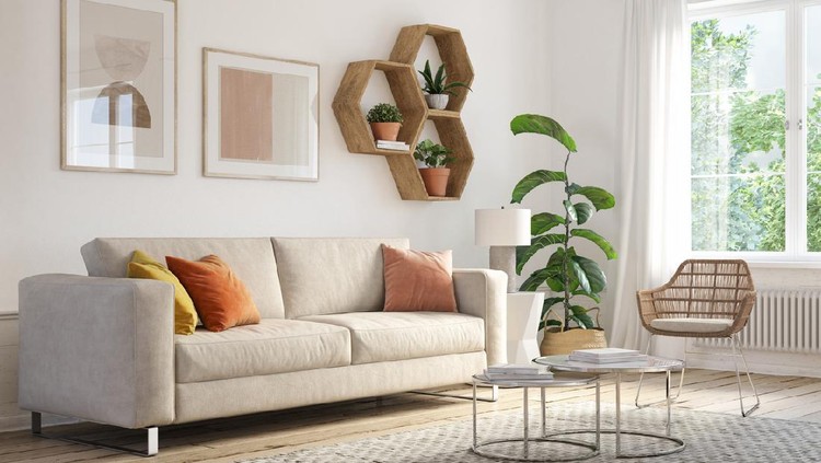 Bohemian living room interior 3d render with  beige colored furniture and wooden elements