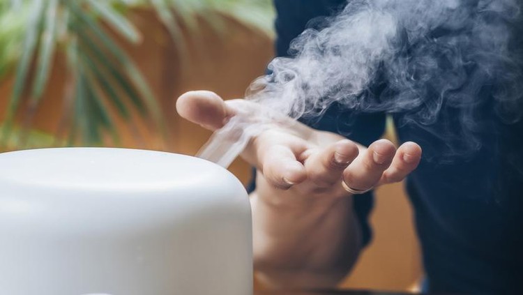 Woman Enjoying Aroma Therapy Steam Scent from Home Essential Oil Diffuser or Air Humidifier. Ultrasonic technology, increasing air humidity indoors for more comfortable living conditions