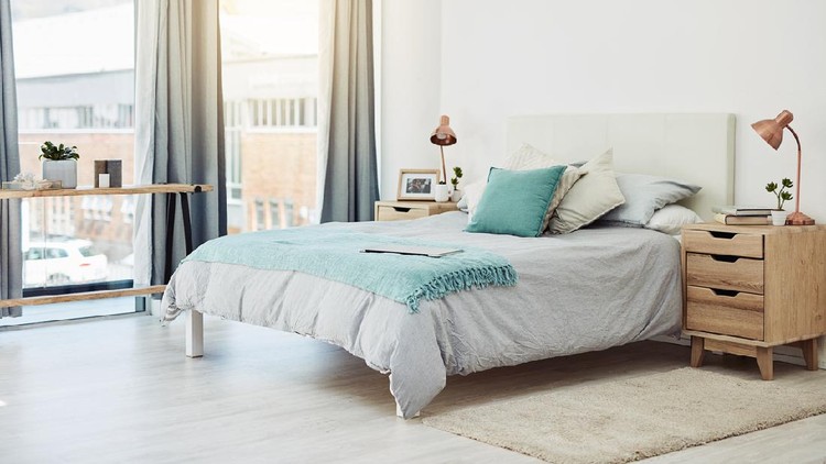 Ilustrasi Tempat Tidur Rumah Minimalis Cropped shot of an empty and neatly arranged bedroom at home during the day