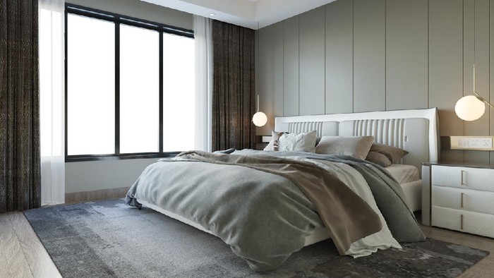 Interior Bedroom modern style with wall decorate background. 3D illustration