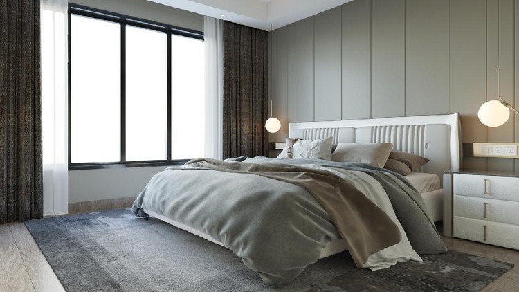 Interior Bedroom modern style with wall decorate background. 3D illustration