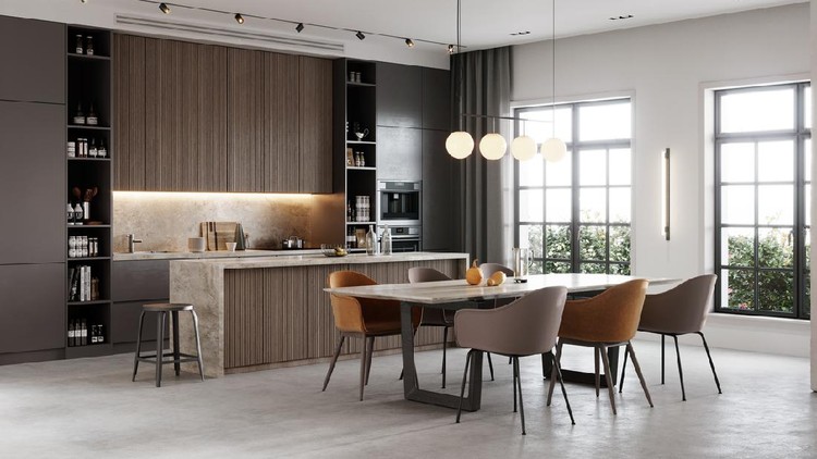 3D rendering of a kitchen bay and dining area in living room. Large and luxurious interiors of a living room with attached kitchen and dining table.