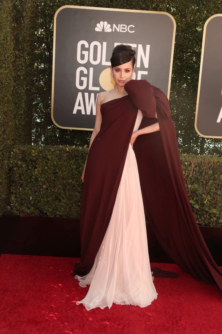 Actor Sofia Carson poses in this handout photo from the 78th Annual Golden Globe Awards in Beverly Hills, California, U.S., February 28, 2021. Todd Williamson/NBC Handout via REUTERS ATTENTION EDITORS - THIS IMAGE HAS BEEN SUPPLIED BY A THIRD PARTY. NO RESALES. NO ARCHIVES.