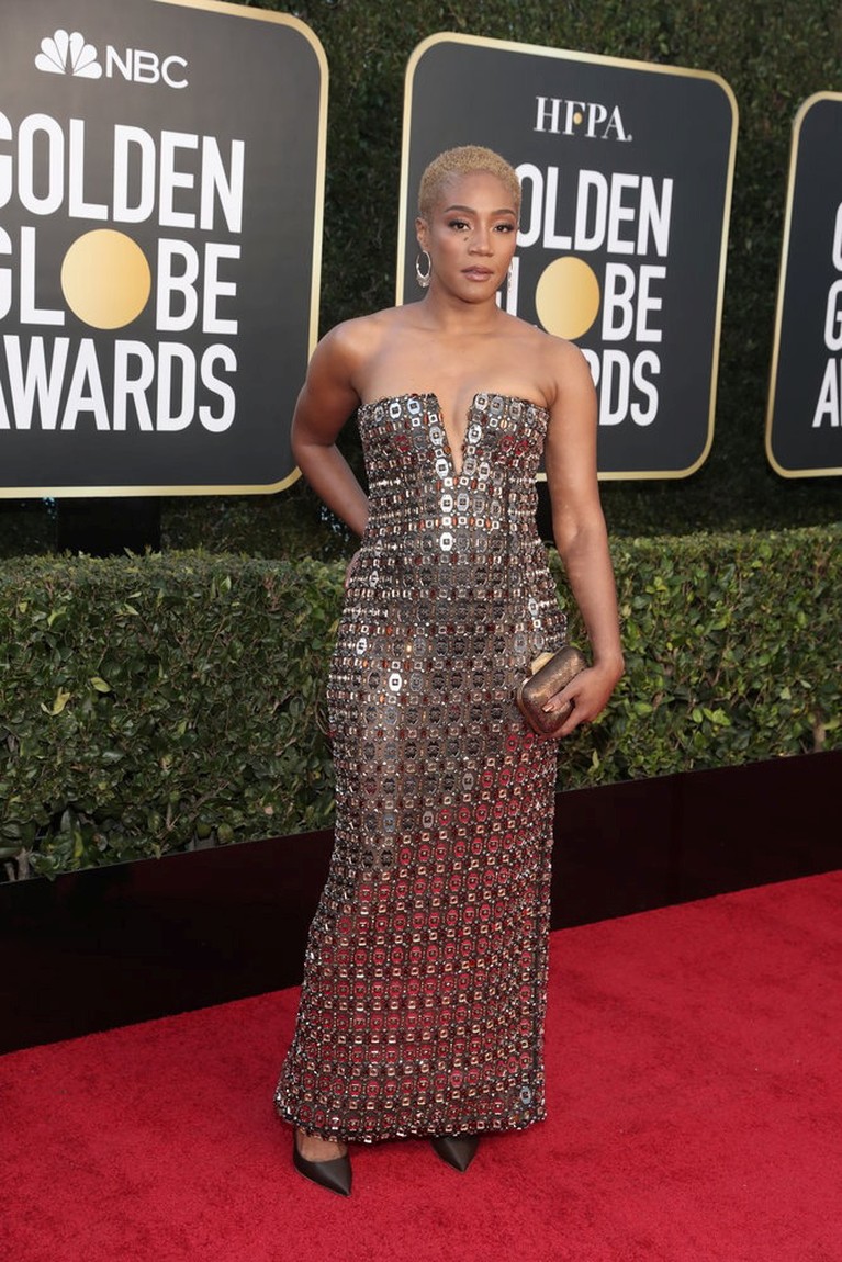 Tiffany Haddish Actor Tiffany Haddish poses on the red carpet in this handout photo from the 78th Annual Golden Globe Awards in Beverly Hills, California, U.S., February 28, 2021. Todd Williamson/NBC Handout via REUTERS ATTENTION EDITORS - THIS IMAGE HAS BEEN SUPPLIED BY A THIRD PARTY. NO RESALES. NO ARCHIVES.