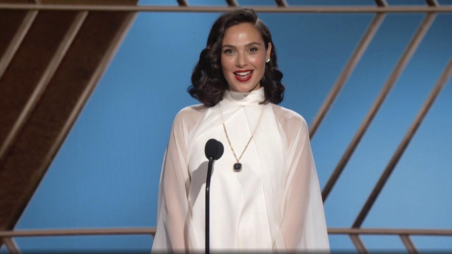 In this video grab issued Sunday, Feb. 28, 2021, by NBC, Gal Gadot presents the award for best foreign language motion picture at the Golden Globe Awards. (NBC via AP)