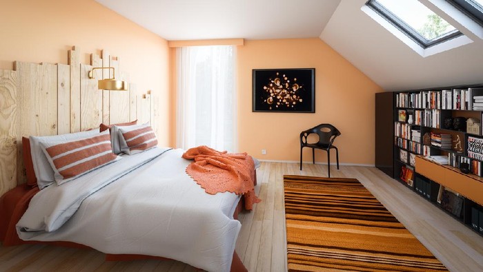 Digitally generated modern and cozy attic bedroom.