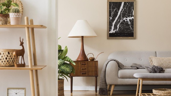 Design scandinavian home interior of living room.Beige wall. Modern home staging. Template. Japandi.