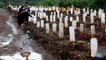 Pemakaman COVID-19 di TPU Srengseng Sawah Dua, Jagakarsa, Jakarta Selatan, Selasa, (2/3/2021). (CNBC Indonesia/Muhammad Sabki)