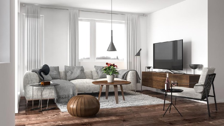 Ilustrasi Rumah Minimalis Modern living room. Render image.