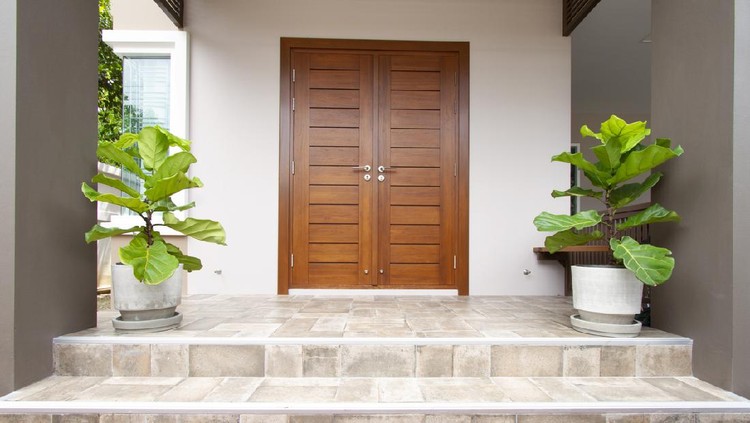 Ilustrasi Pintu Utama Main entrance of residential house with tiled floor and steps