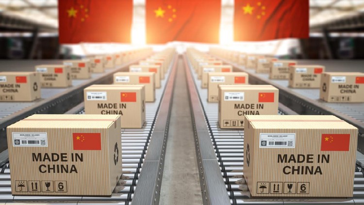 Made in China. Cardboard boxes with text made in China and chinese flag on the roller conveyor. 3d illustration