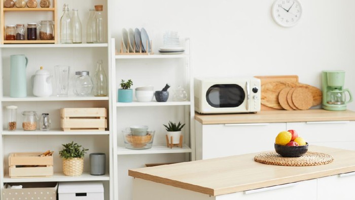 Background image of modern kitchen interior with minimal Scandinavian design and wooden elements, copy space