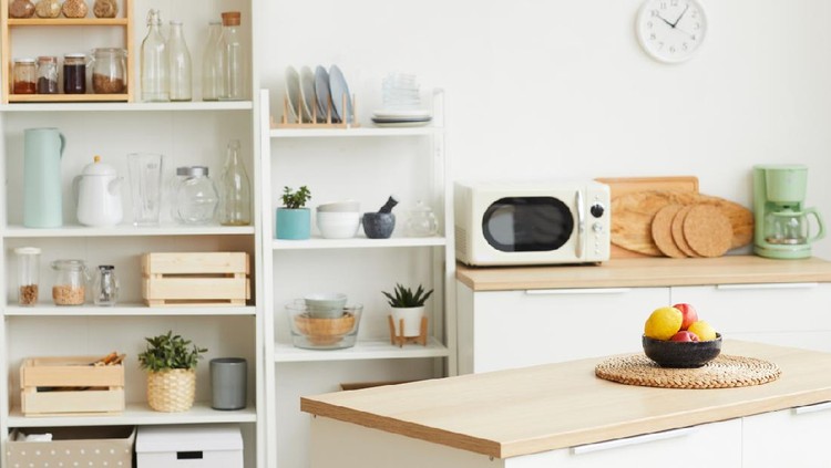 Ilustrasi Tren Dapur 2021 Background image of modern kitchen interior with minimal Scandinavian design and wooden elements, copy space