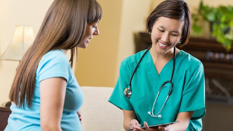 Pregnant patient consulting with doctor or midwife at home