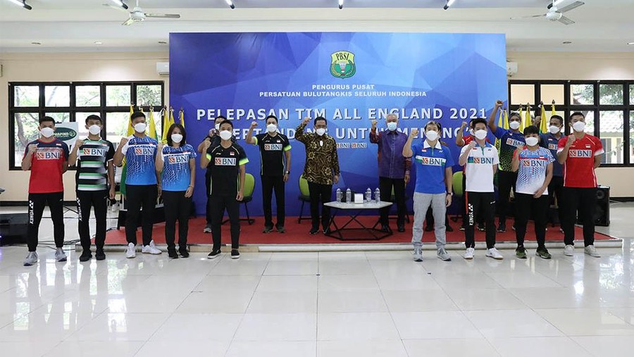Tim bulutangkis Indonesia yang akan berlaga di All England 2021 dilepas Ketua Umum PBSI Agung Firman Sampurna, Jumat  (12/3).