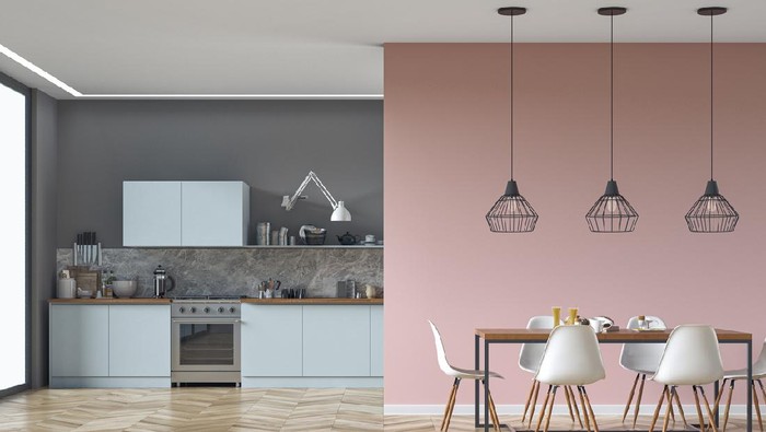 Empty modern kitchen with appliances, dining table with pendant lights on hardwood floor. Slight  vintage effect applied. 3d rendered image.