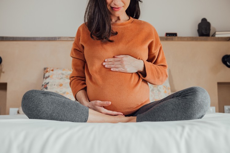 Ilustrasi ibu hamil Front view of cropped long hair brunet caucasian pregnant woman, sitting in crossed legs, in yoga pose, in bed at home, holding her belly with hand. Maternity, pregnancy, new life.
