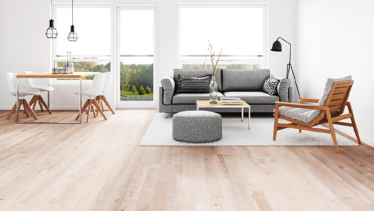 Modern living room with dining room. Render image.
