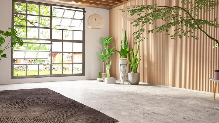 Unfurnished Cozy Bedroom with Wooden Wall and Window. 3d Render