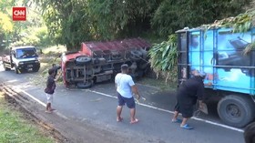 VIDEO: Truk Pengangkut Pangan Sapi Terguling di Tanjakan Cae