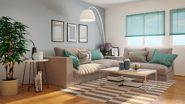 Ilustrasi rumah minimalis Picture of comfortable living room. Render image.