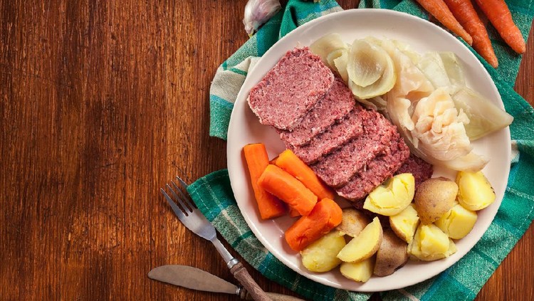 Corned beef and cabbage with potatoes and carrots on St Patrick's Day